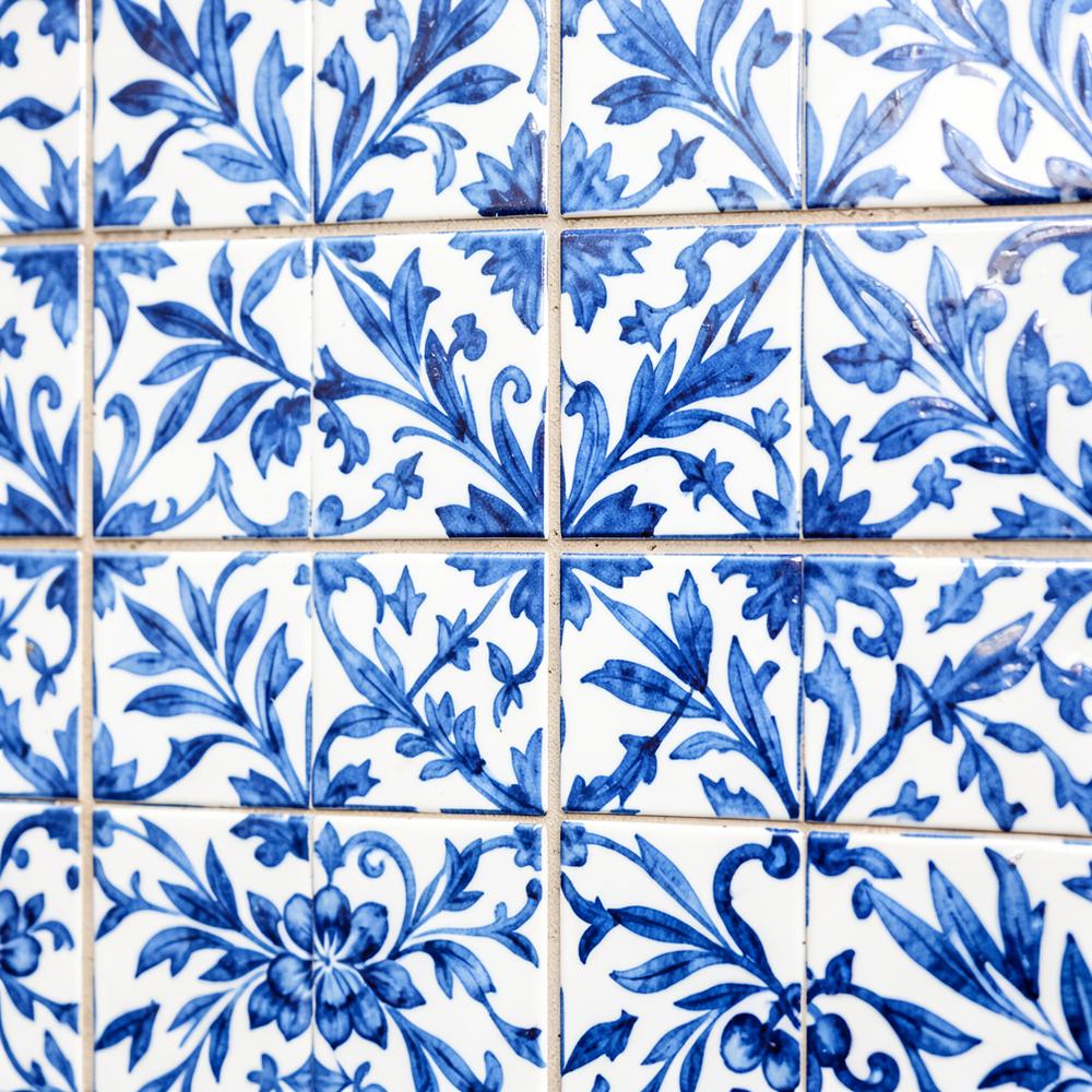 Blue-and-white ceramic tile wall