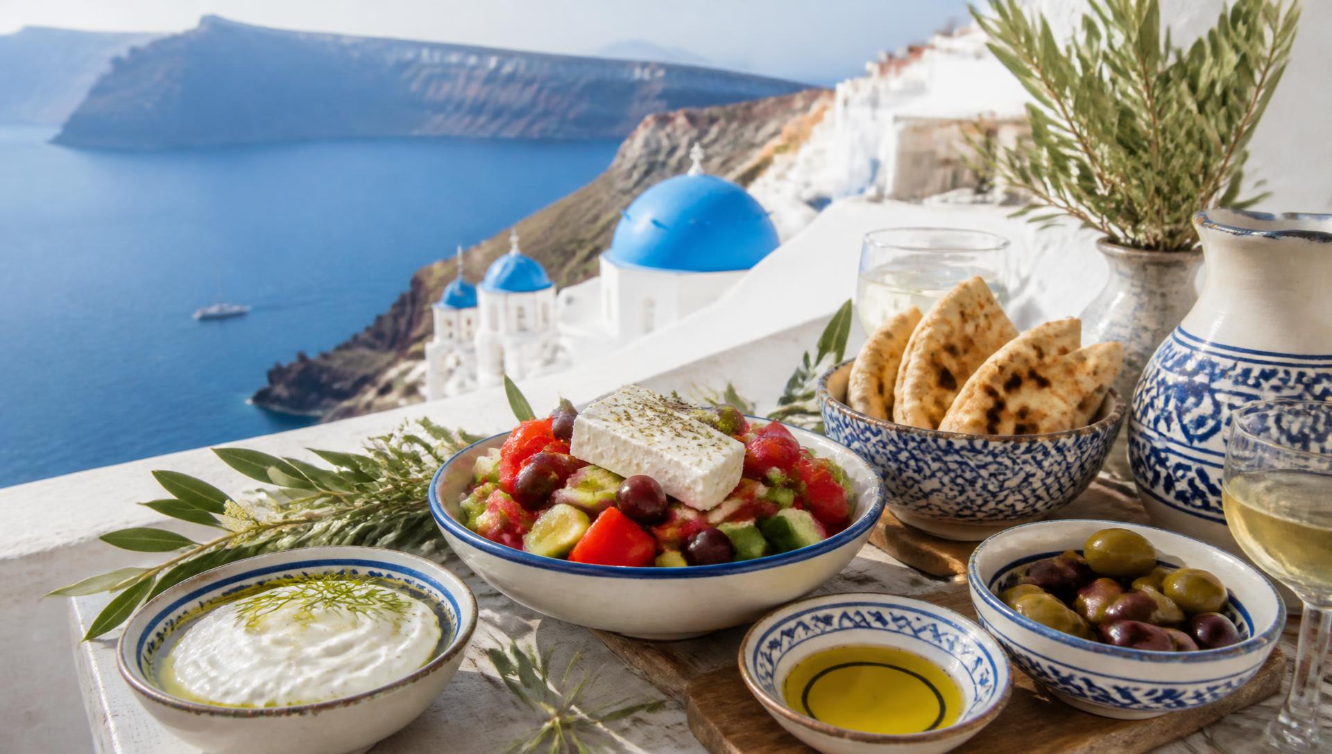 A festive Greek table overlooking the blue sea